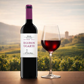 Eguren Ugarte Crianza 2022 Rioja Tempranillo Rotwein Spanien Flasche mit Weinglas