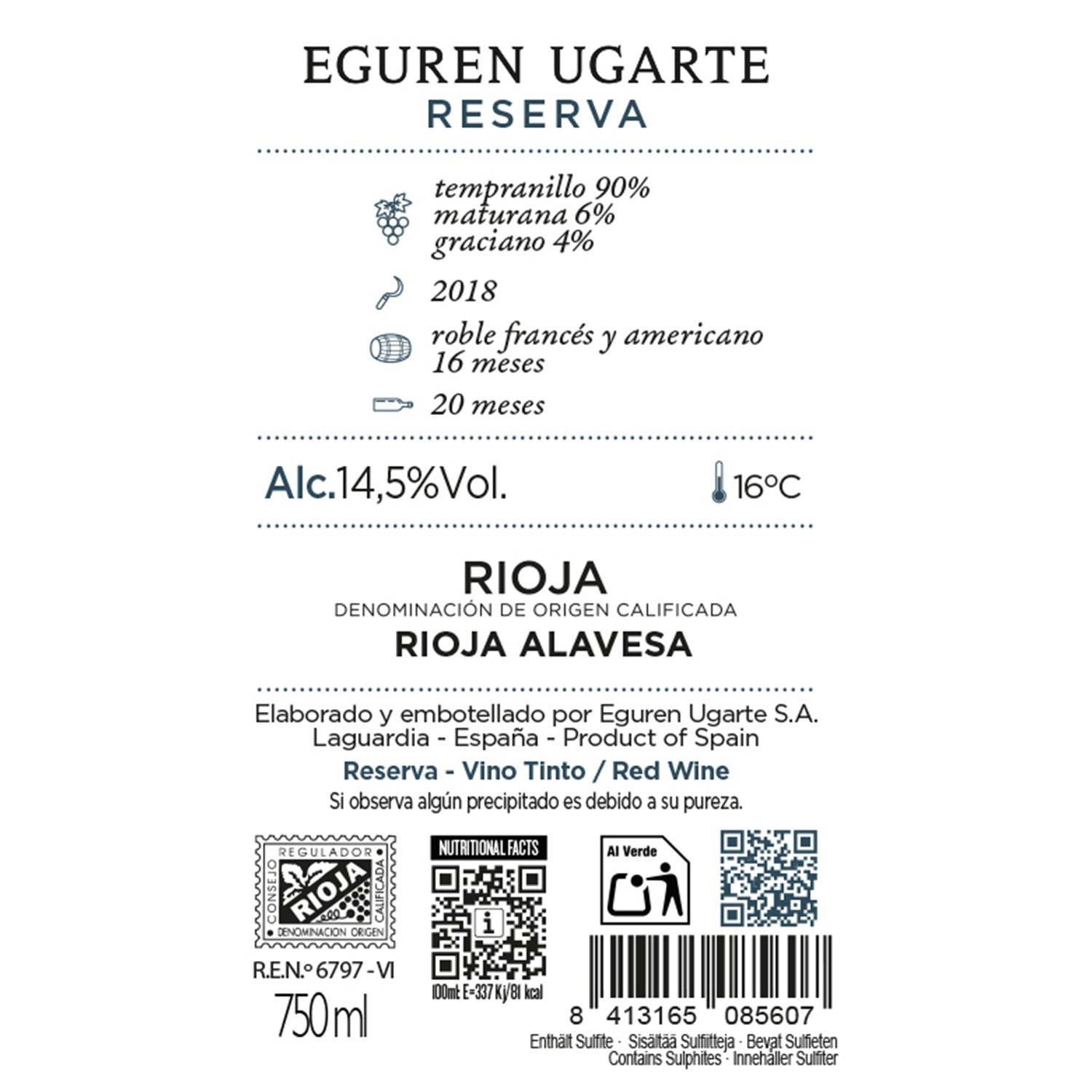 Eguren Ugarte Rioja Reserva 2018 Tempranillo Rotwein Spanien Etikett Rückseite