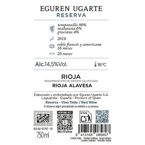 Eguren Ugarte Rioja Reserva 2018 Tempranillo Rotwein Spanien Etikett Rückseite