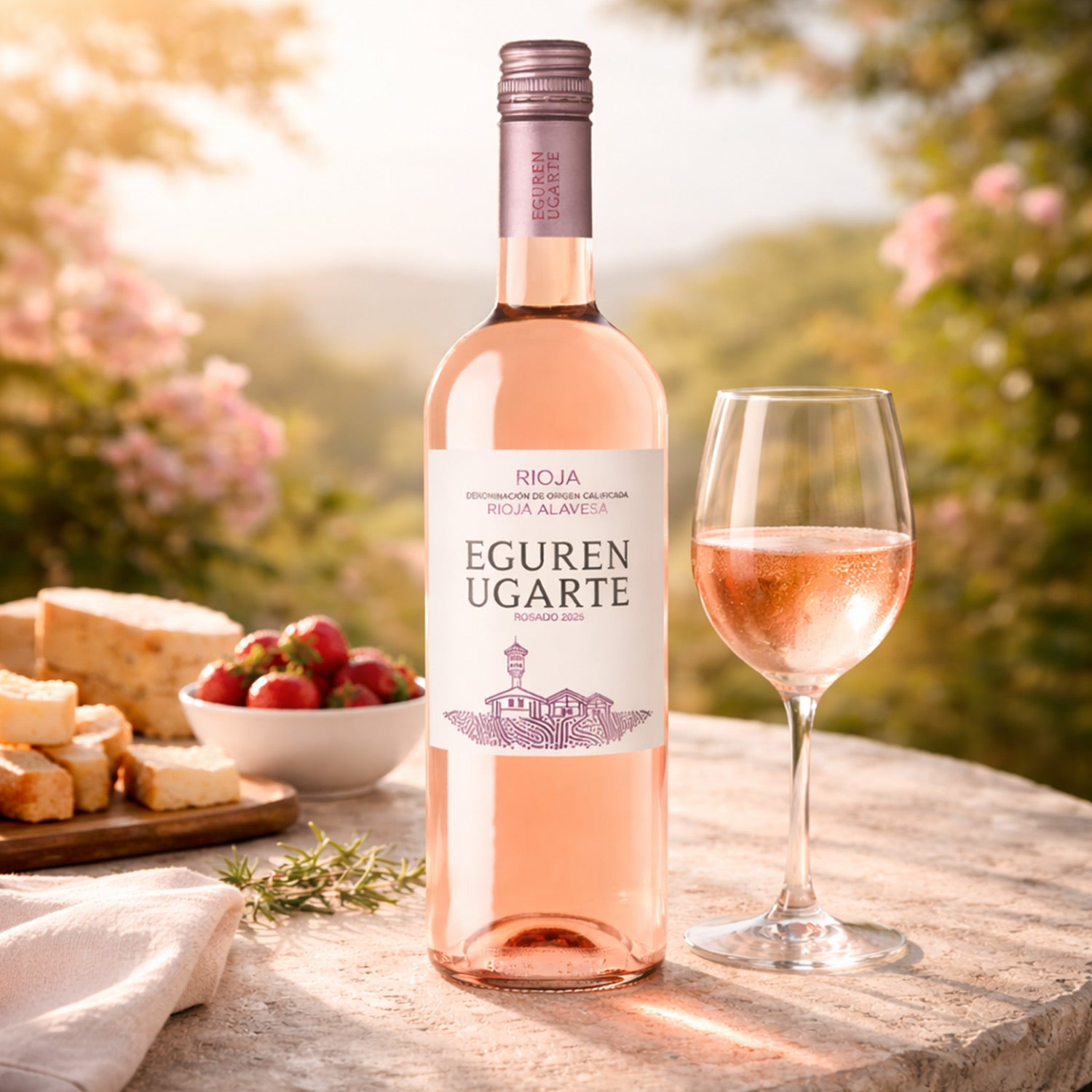 Eguren Ugarte Rosado 2025 Rioja Roséwein Spanien Flasche mit Weinglas